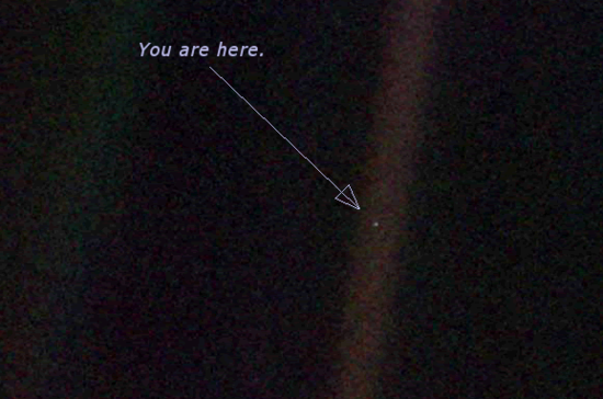 Pale Blue Dot is a photograph of planet Earth taken on February 14, 1990, by the Voyager 1 space probe from a record distance of about 6 billion kilometers (3.7 billion miles, 40.5 AU), as part of the Family Portrait series of images of the Solar System.